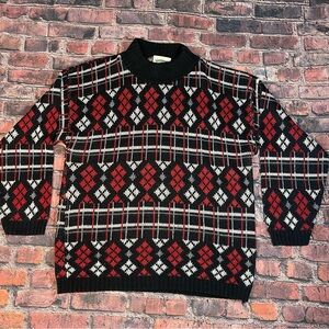 Vintage Black Red White Argyle Print Acrylic Sweater Women's Size Large Cottage